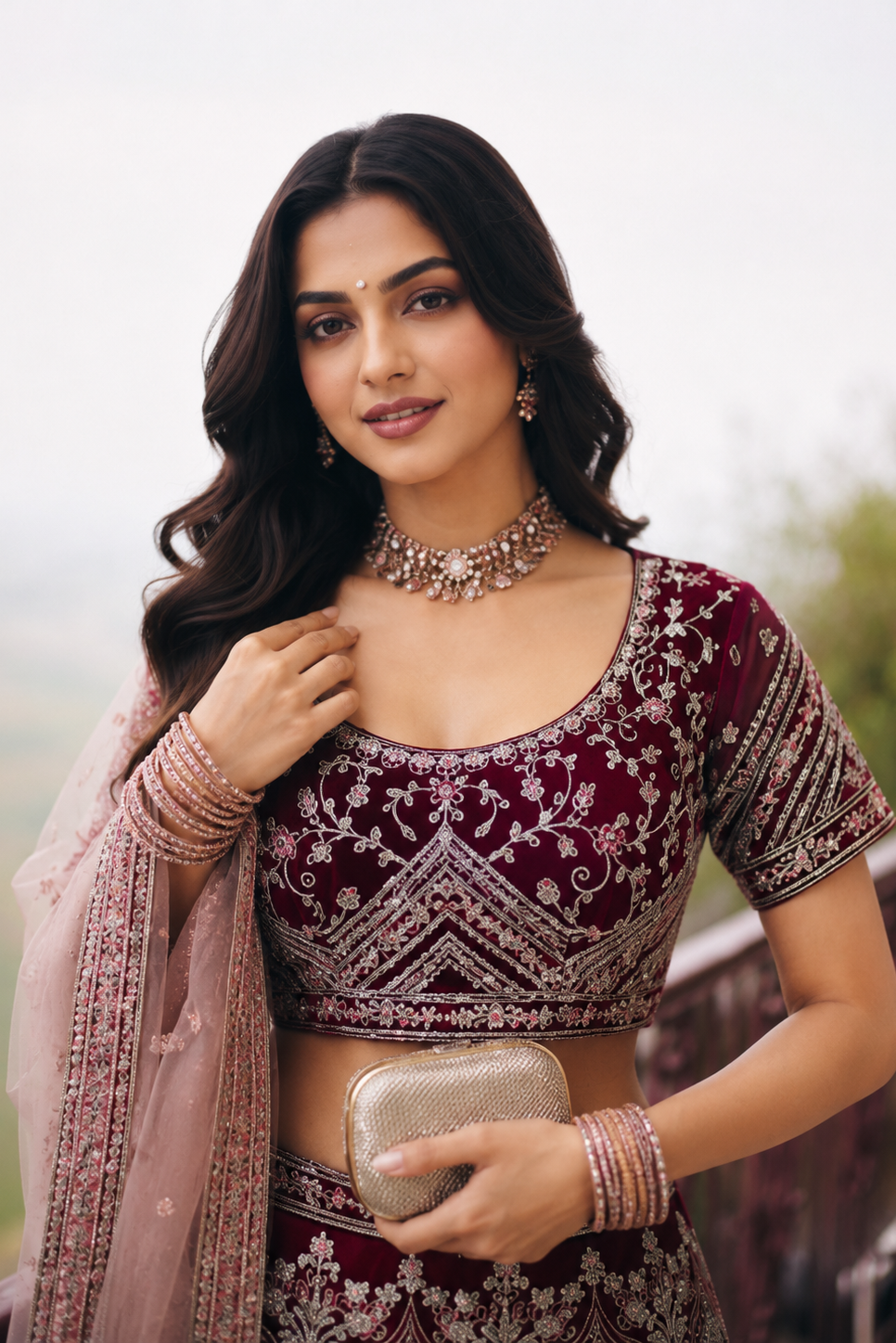 Close-up of a maroon lehenga for wedding reception with detailed embroidery work on the short sleeve blouse neckline. All-over embroidery.