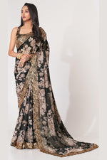 Black Organza Silk Floral Saree Blouse With Underskirt & Fall Pico For Indian & Pakistani Wedding Festival - Sequins & Thread Embroidery Work, Print Work