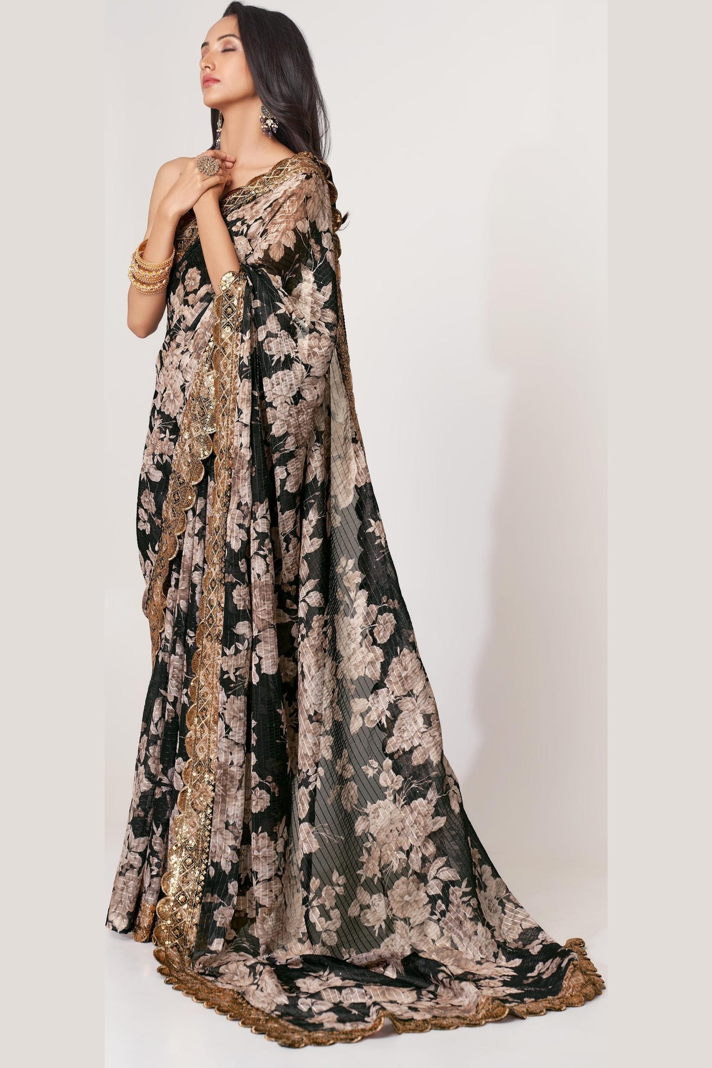 Black Organza Silk Floral Saree Blouse With Underskirt & Fall Pico For Indian & Pakistani Wedding Festival - Sequins & Thread Embroidery Work, Print Work