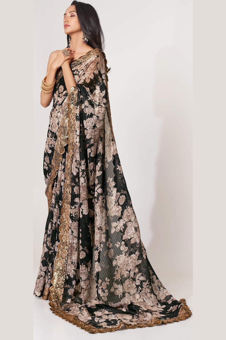 Black Organza Silk Floral Saree Blouse With Underskirt & Fall Pico For Indian & Pakistani Wedding Festival - Sequins & Thread Embroidery Work, Print Work