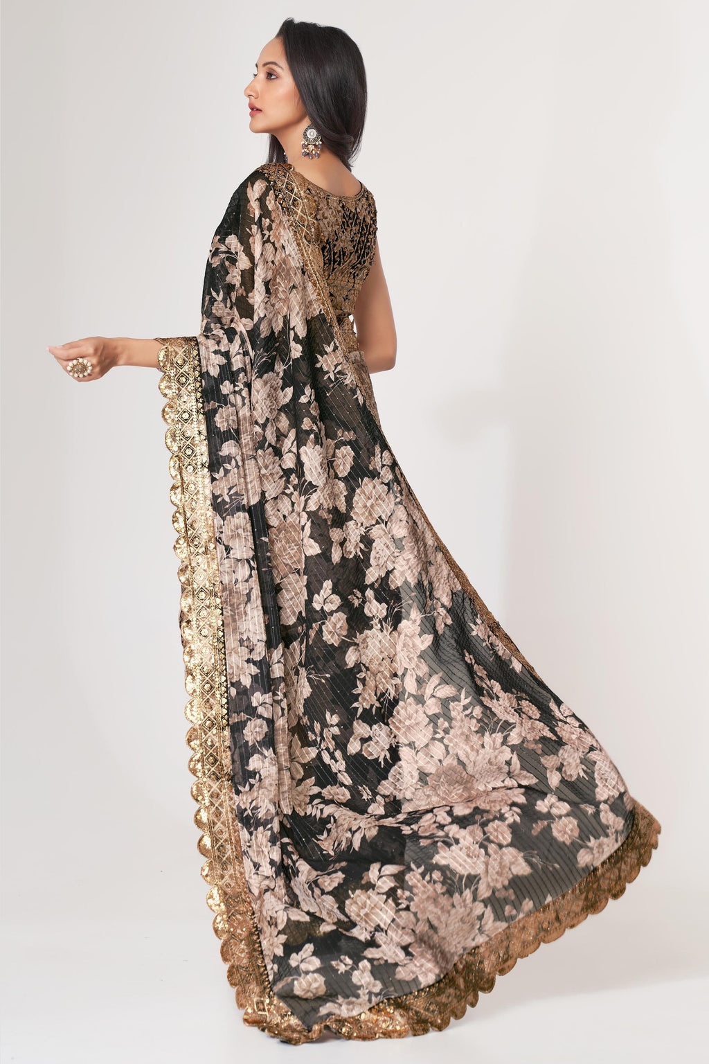 Black Organza Silk Floral Saree Blouse With Underskirt & Fall Pico For Indian & Pakistani Wedding Festival - Sequins & Thread Embroidery Work, Print Work