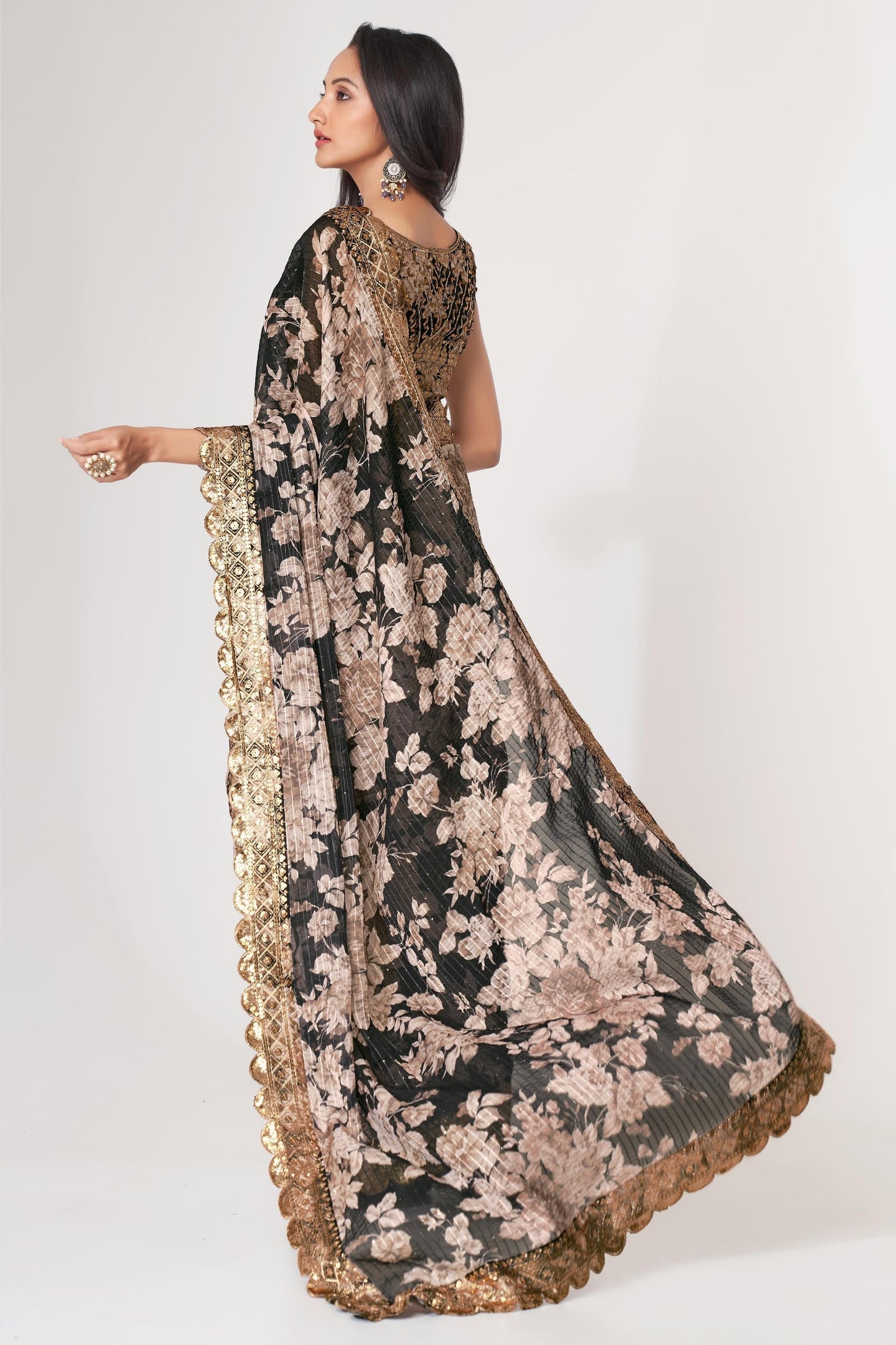 Black Organza Silk Floral Saree Blouse With Underskirt & Fall Pico For Indian & Pakistani Wedding Festival - Sequins & Thread Embroidery Work, Print Work