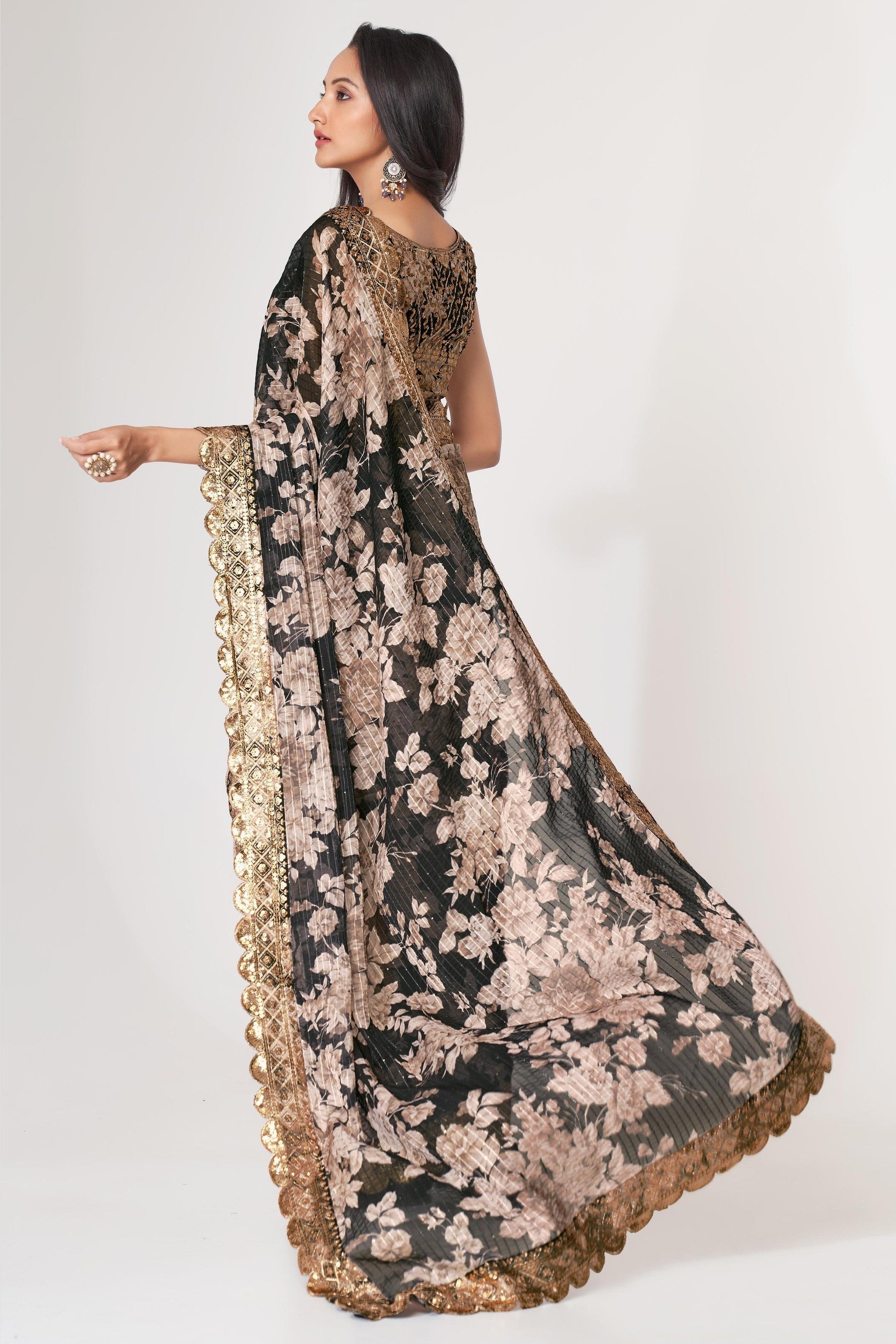 Black Organza Silk Floral Saree Blouse With Underskirt & Fall Pico For Indian & Pakistani Wedding Festival - Sequins & Thread Embroidery Work, Print Work
