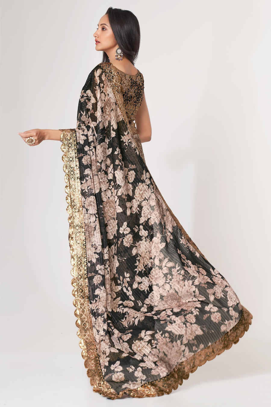 Black Organza Silk Floral Saree Blouse With Underskirt & Fall Pico For Indian & Pakistani Wedding Festival - Sequins & Thread Embroidery Work, Print Work