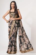 Black Organza Silk Floral Saree Blouse With Underskirt & Fall Pico For Indian & Pakistani Wedding Festival - Sequins & Thread Embroidery Work, Print Work