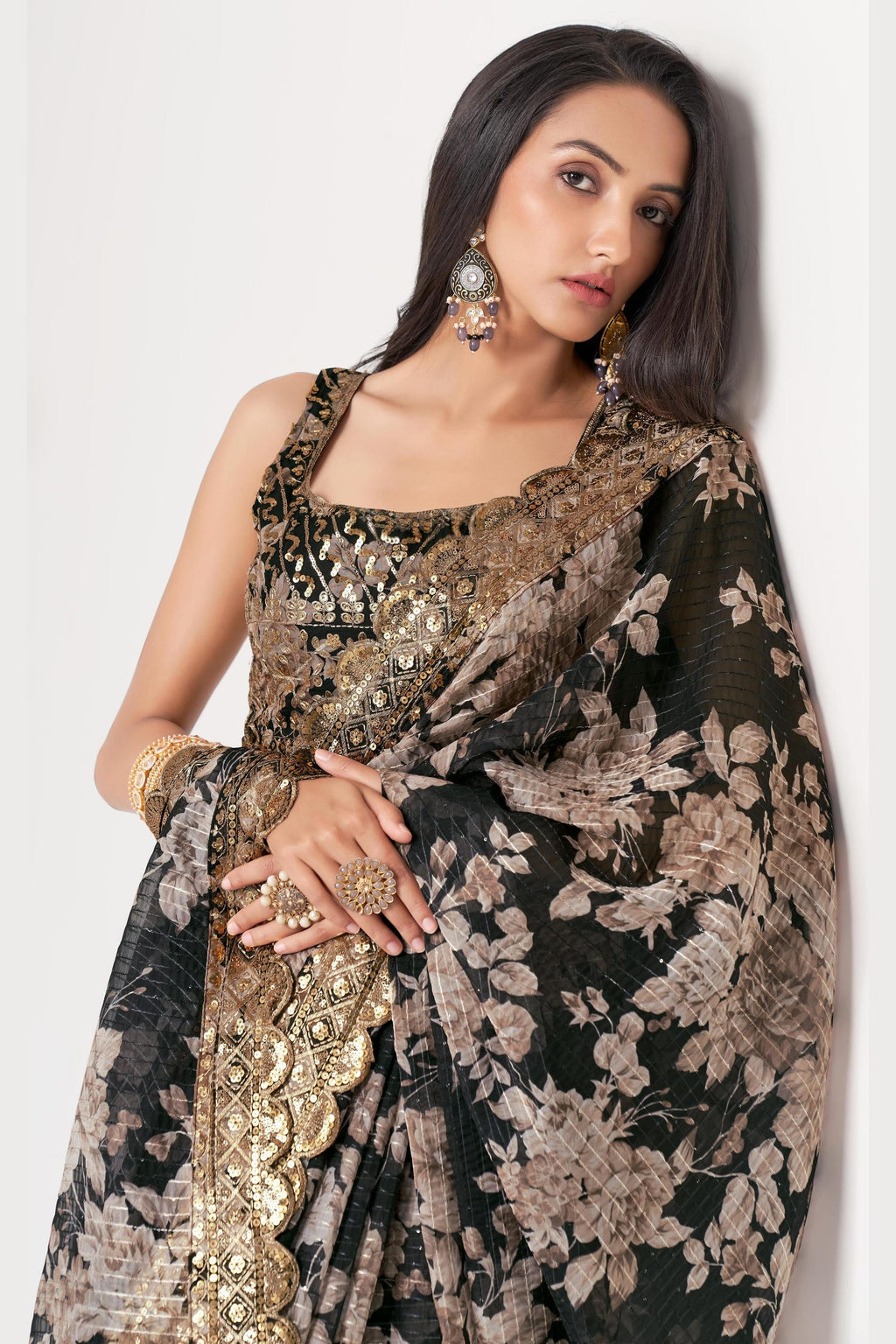 Black Organza Silk Floral Saree Blouse With Underskirt & Fall Pico For Indian & Pakistani Wedding Festival - Sequins & Thread Embroidery Work, Print Work