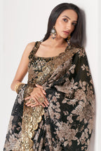 Black Organza Silk Floral Saree Blouse With Underskirt & Fall Pico For Indian & Pakistani Wedding Festival - Sequins & Thread Embroidery Work, Print Work