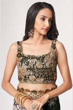 Black Organza Silk Floral Saree Blouse With Underskirt & Fall Pico For Indian & Pakistani Wedding Festival - Sequins & Thread Embroidery Work, Print Work