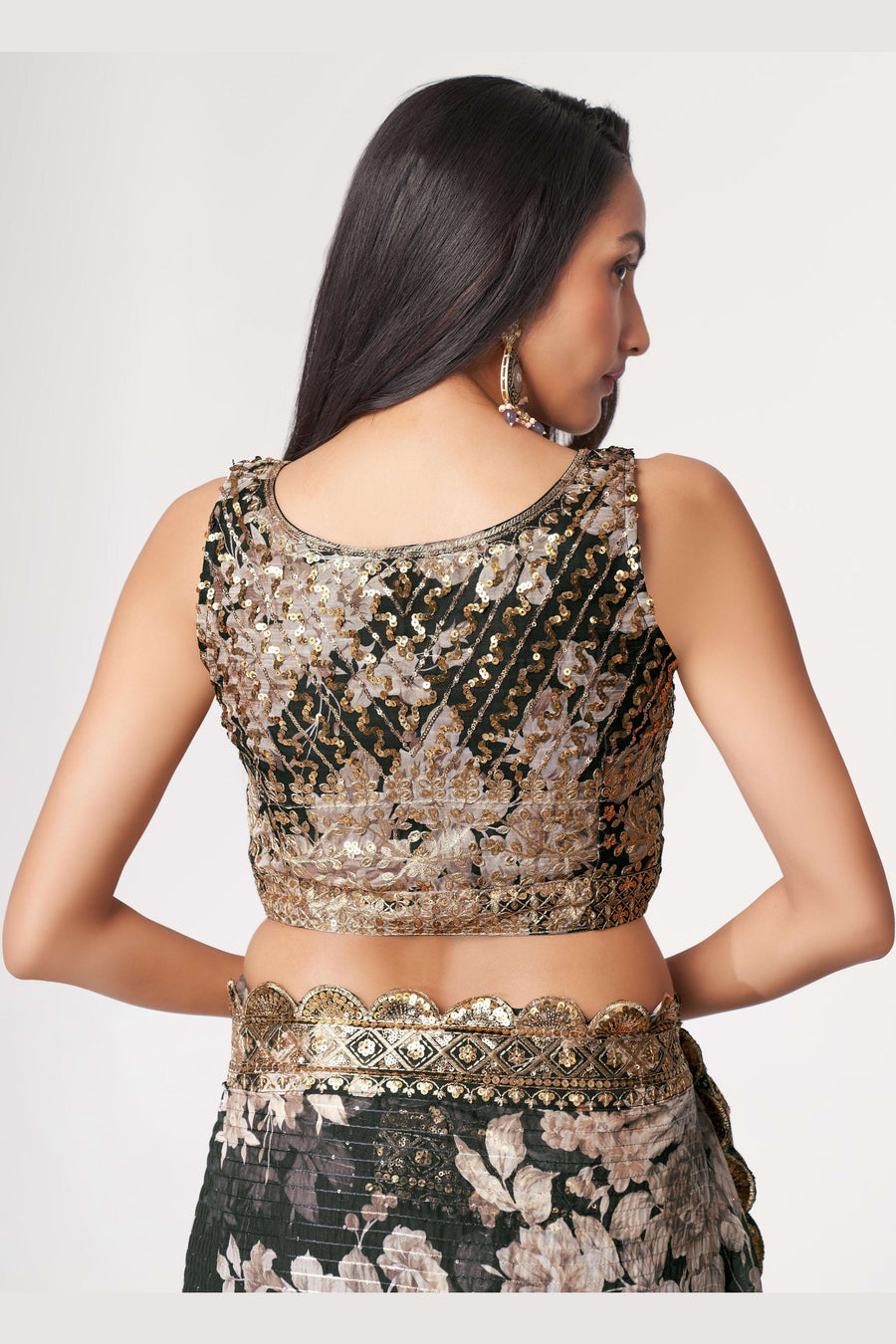 Black Organza Silk Floral Saree Blouse With Underskirt & Fall Pico For Indian & Pakistani Wedding Festival - Sequins & Thread Embroidery Work, Print Work