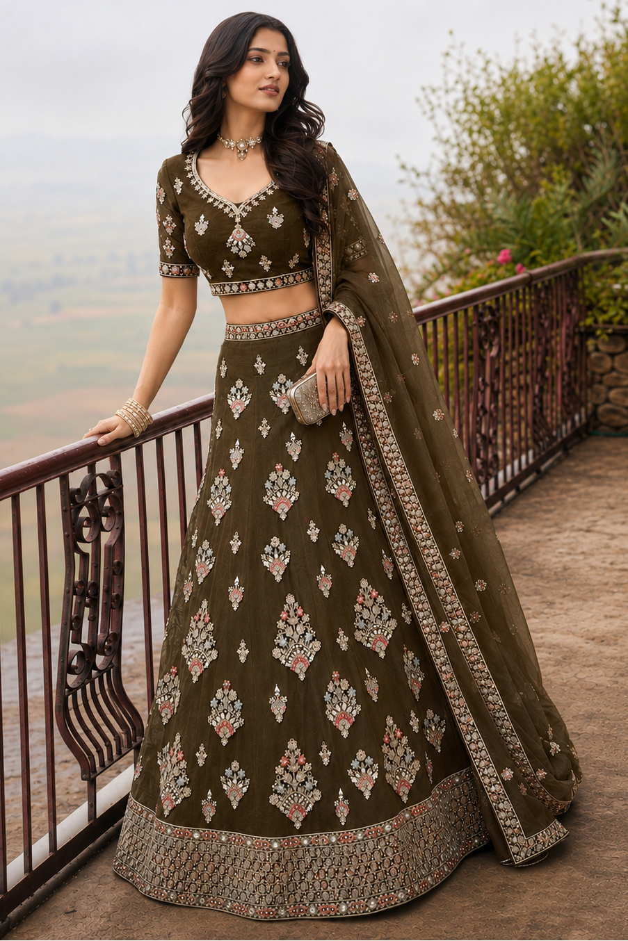 women standing in balcony in brown lehenag choli