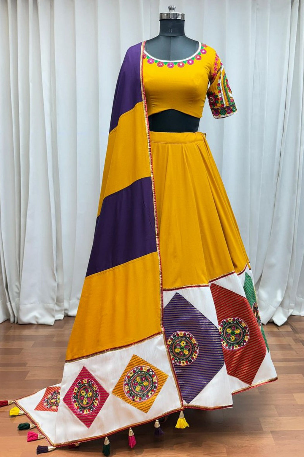 Mustard Yellow Viscose Cotton Navratri Chaniya Choli For Indian Garba Festival 8 Meter Flair - Thread Embroidery Work, Jacquard Patch Work, Real Mirror Work