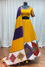 Mustard Yellow Viscose Cotton Navratri Chaniya Choli For Indian Garba Festival 8 Meter Flair - Thread Embroidery Work, Jacquard Patch Work, Real Mirror Work