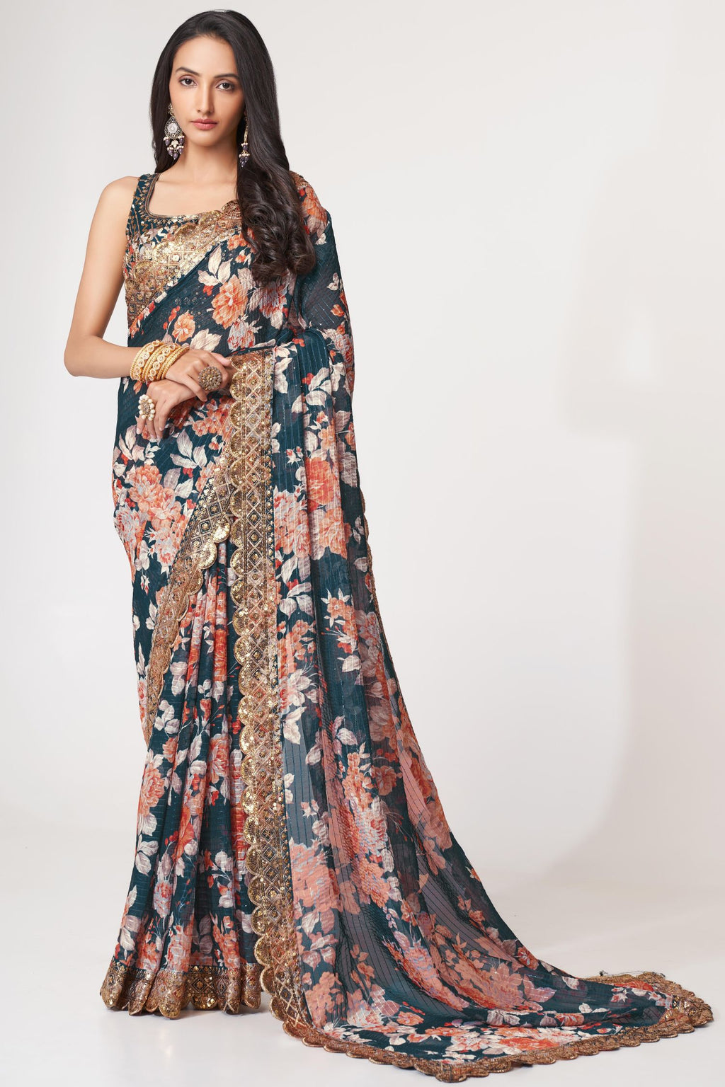 Dove Blue Organza Silk Floral Saree Blouse With Underskirt & Fall Pico For Indian & Pakistani Wedding Festival - Sequins & Thread Embroidery Work, Print Work