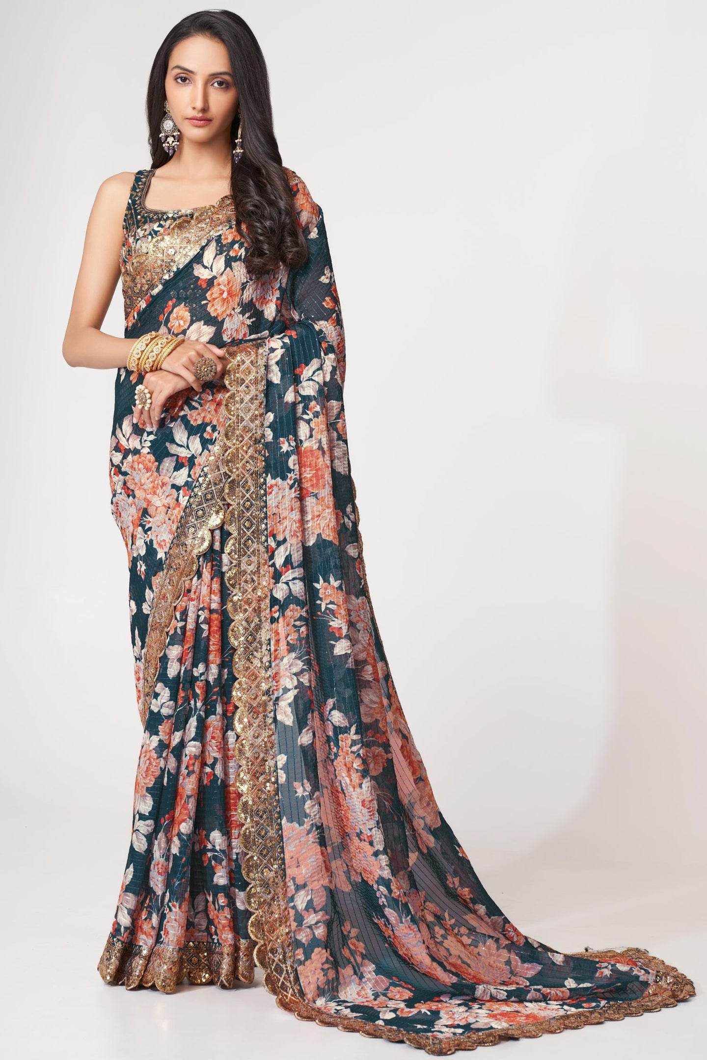 Dove Blue Organza Silk Floral Saree Blouse With Underskirt & Fall Pico For Indian & Pakistani Wedding Festival - Sequins & Thread Embroidery Work, Print Work