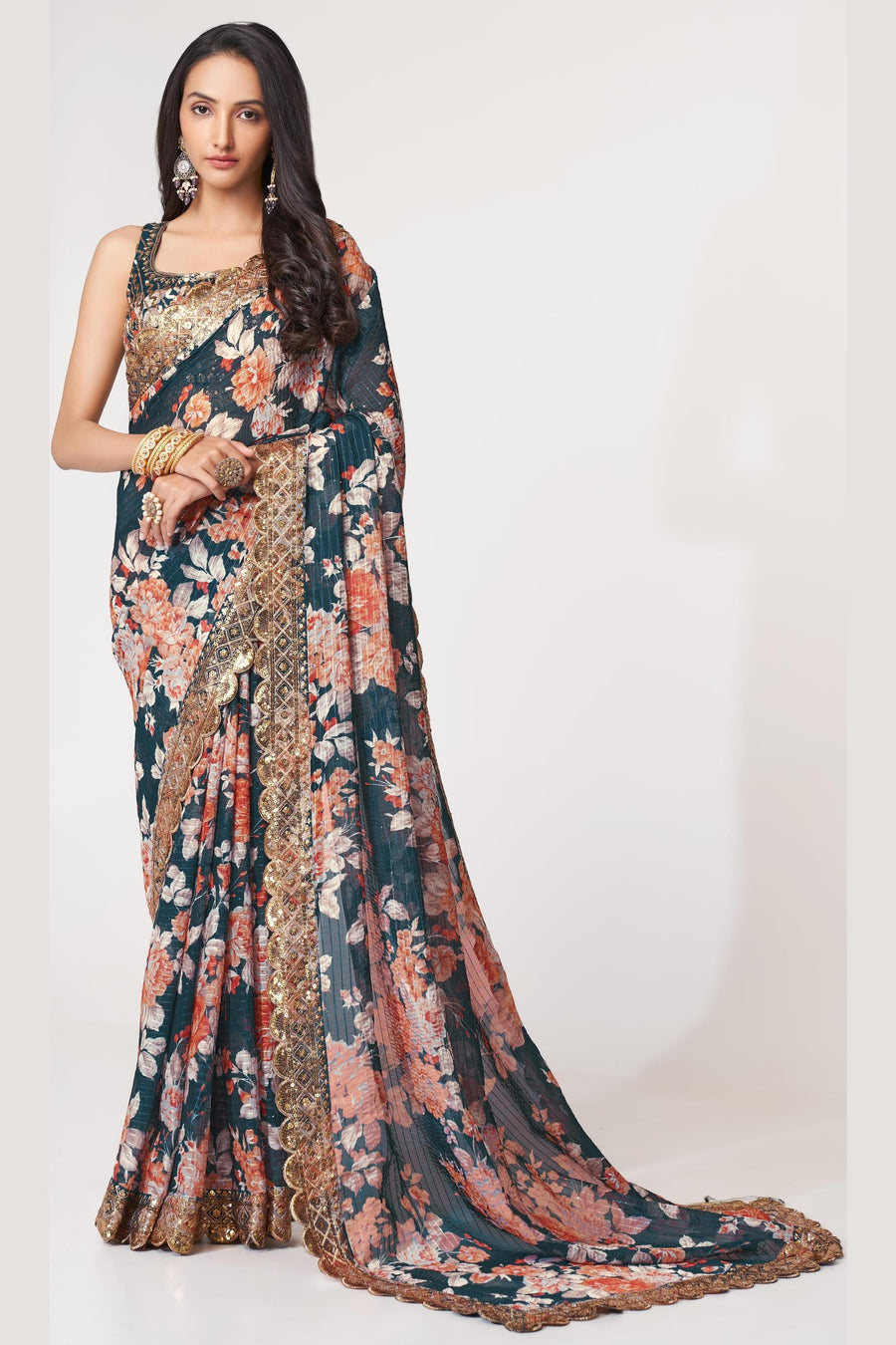 Dove Blue Organza Silk Floral Saree Blouse With Underskirt & Fall Pico For Indian & Pakistani Wedding Festival - Sequins & Thread Embroidery Work, Print Work
