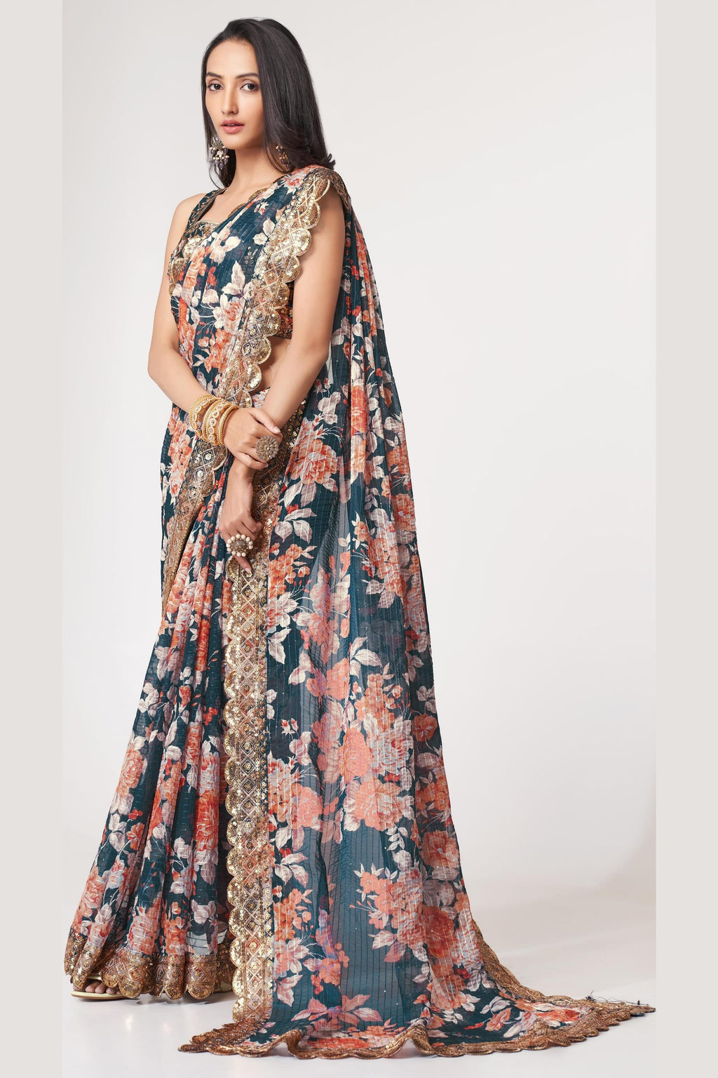 Dove Blue Organza Silk Floral Saree Blouse With Underskirt & Fall Pico For Indian & Pakistani Wedding Festival - Sequins & Thread Embroidery Work, Print Work