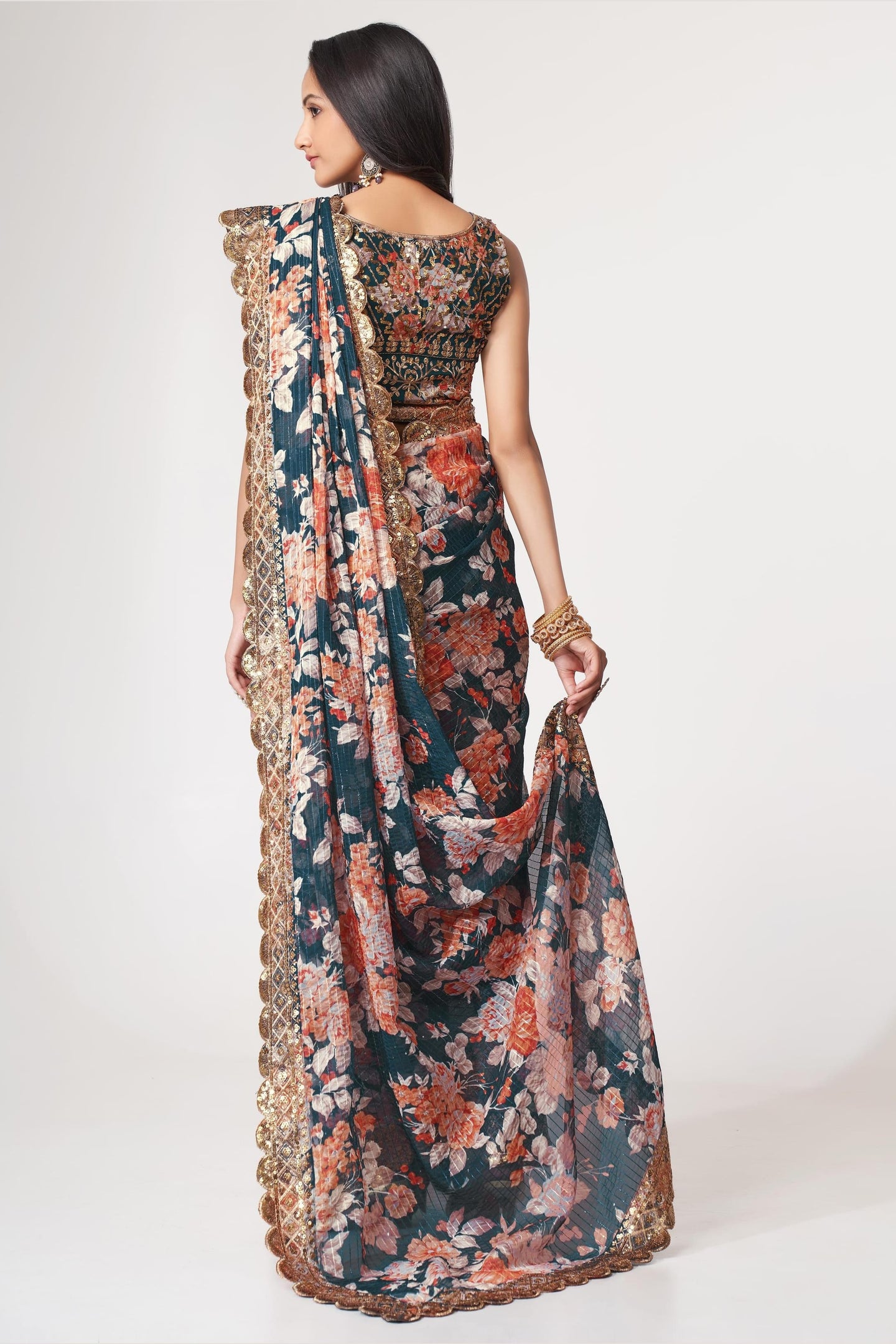 Dove Blue Organza Silk Floral Saree Blouse With Underskirt & Fall Pico For Indian & Pakistani Wedding Festival - Sequins & Thread Embroidery Work, Print Work