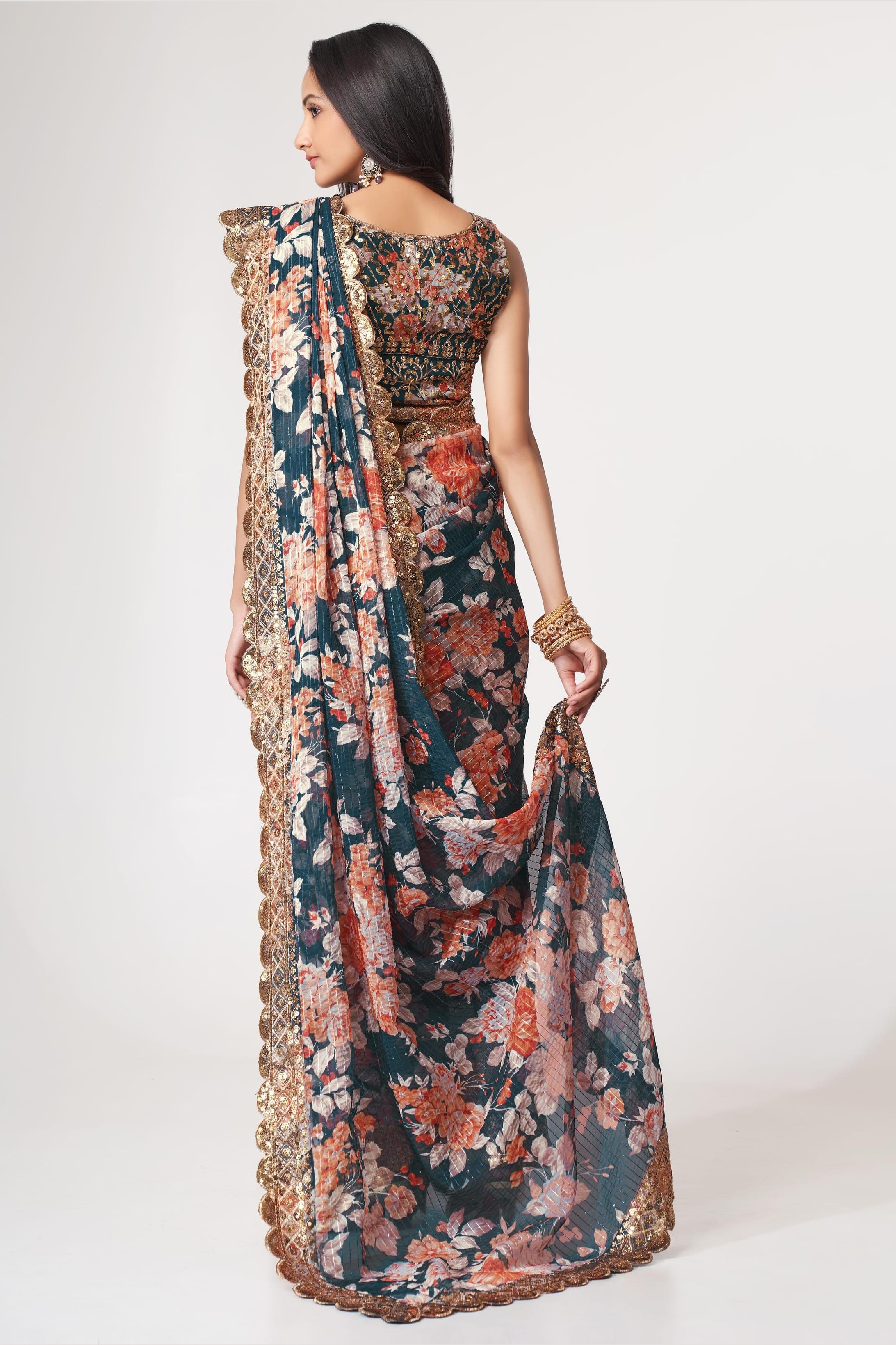 Dove Blue Organza Silk Floral Saree Blouse With Underskirt & Fall Pico For Indian & Pakistani Wedding Festival - Sequins & Thread Embroidery Work, Print Work