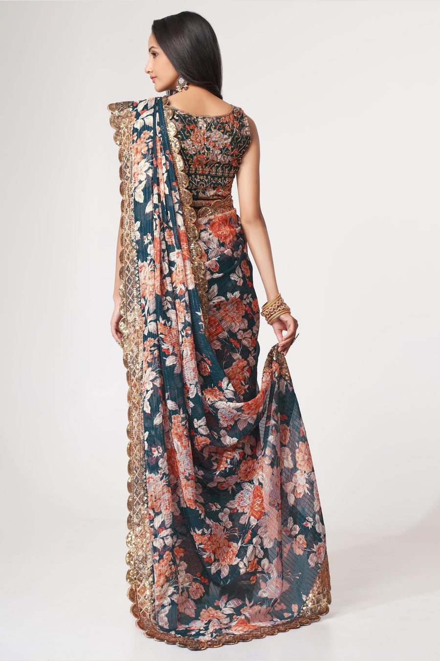 Dove Blue Organza Silk Floral Saree Blouse With Underskirt & Fall Pico For Indian & Pakistani Wedding Festival - Sequins & Thread Embroidery Work, Print Work