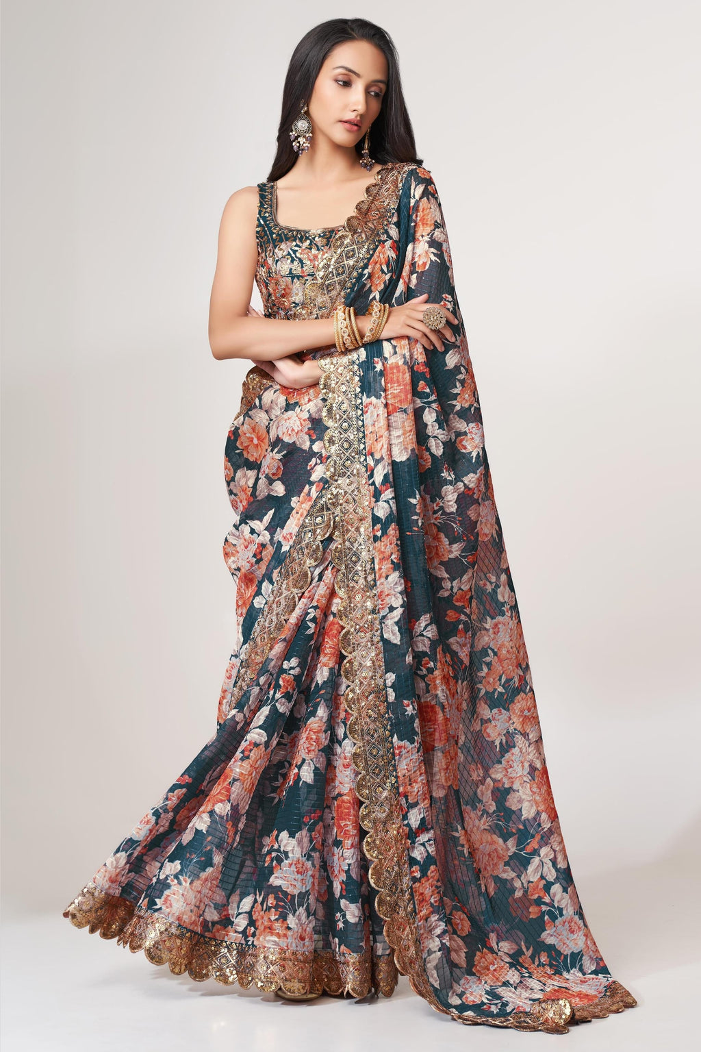 Dove Blue Organza Silk Floral Saree Blouse With Underskirt & Fall Pico For Indian & Pakistani Wedding Festival - Sequins & Thread Embroidery Work, Print Work