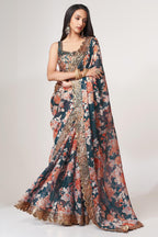 Dove Blue Organza Silk Floral Saree Blouse With Underskirt & Fall Pico For Indian & Pakistani Wedding Festival - Sequins & Thread Embroidery Work, Print Work