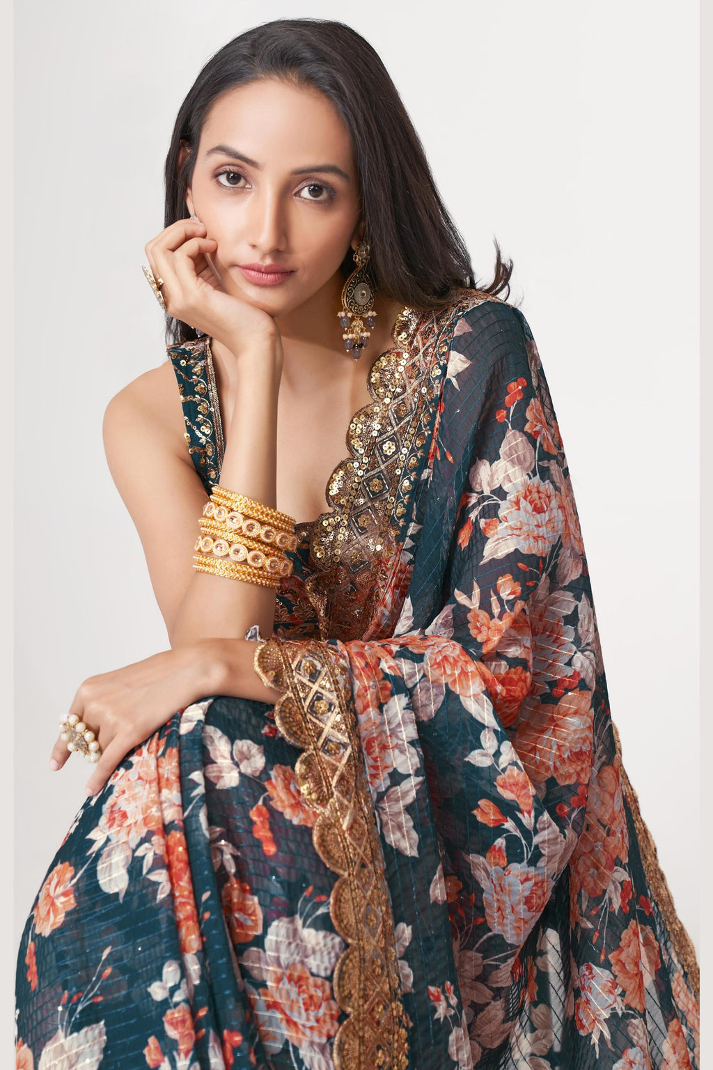 Dove Blue Organza Silk Floral Saree Blouse With Underskirt & Fall Pico For Indian & Pakistani Wedding Festival - Sequins & Thread Embroidery Work, Print Work