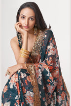 Dove Blue Organza Silk Floral Saree Blouse With Underskirt & Fall Pico For Indian & Pakistani Wedding Festival - Sequins & Thread Embroidery Work, Print Work