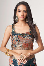 Dove Blue Organza Silk Floral Saree Blouse With Underskirt & Fall Pico For Indian & Pakistani Wedding Festival - Sequins & Thread Embroidery Work, Print Work