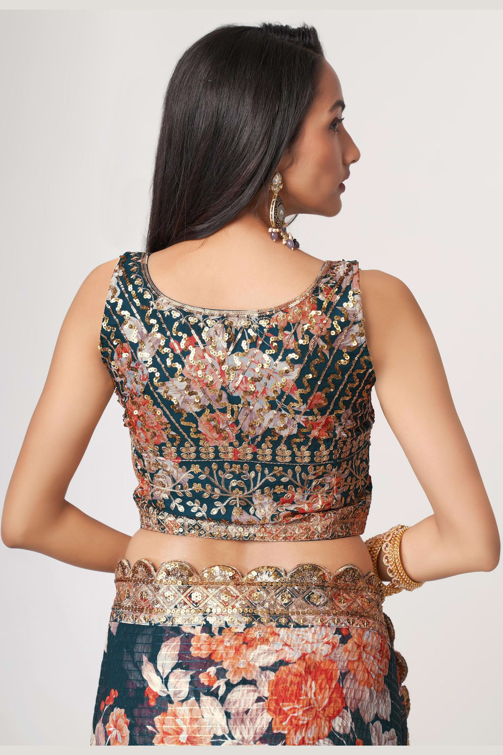 Dove Blue Organza Silk Floral Saree Blouse With Underskirt & Fall Pico For Indian & Pakistani Wedding Festival - Sequins & Thread Embroidery Work, Print Work