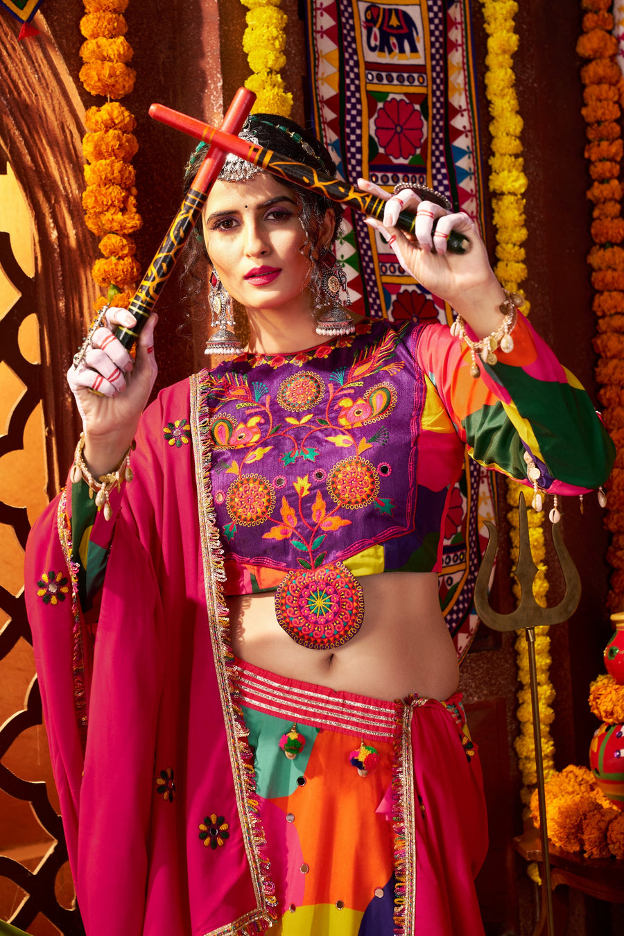 Multicolor Muslin Navratri Chaniya Choli For Garba Indian Festival 8 Meter Flair - Thread Embroidery Work, Real Mirror Work, Print Work