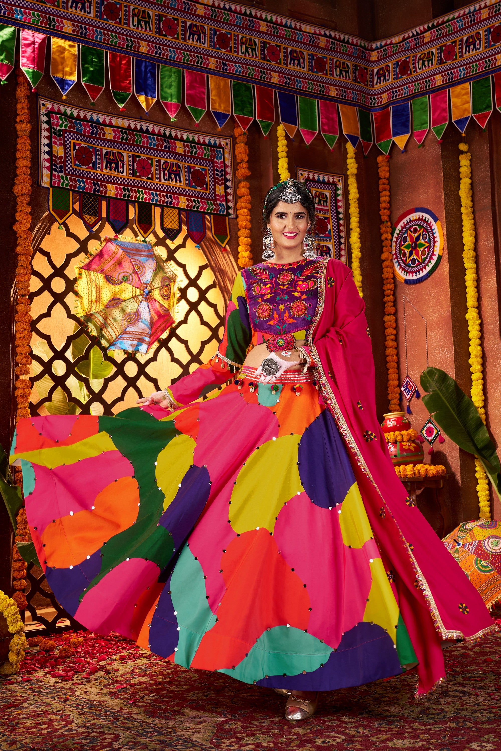 Multicolor Muslin Navratri Chaniya Choli For Garba Indian Festival 8 Meter Flair - Thread Embroidery Work, Real Mirror Work, Print Work