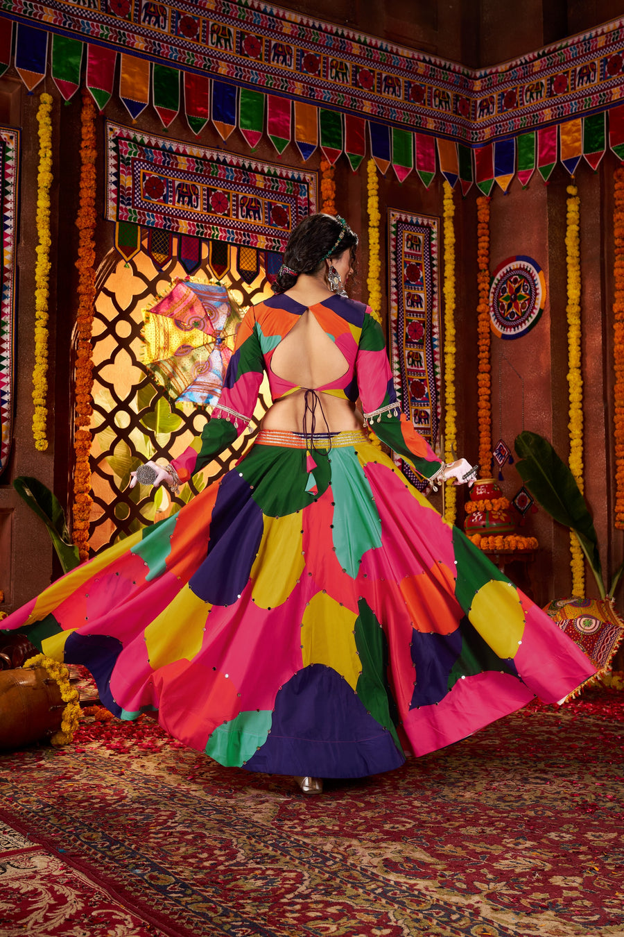 Multicolor Muslin Navratri Chaniya Choli For Garba Indian Festival 8 Meter Flair - Thread Embroidery Work, Real Mirror Work, Print Work