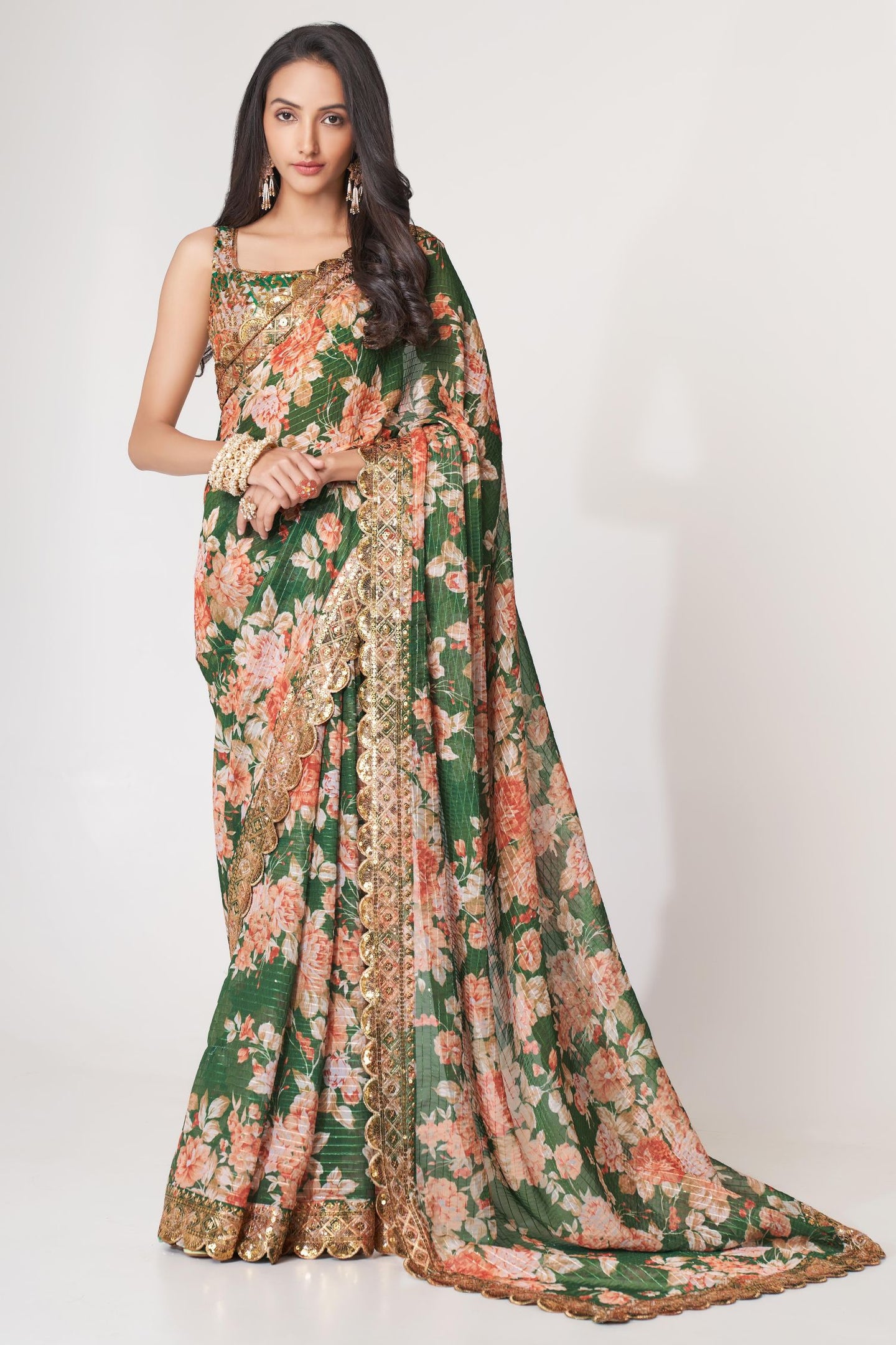 Green Organza Silk Floral Saree Blouse With Underskirt & Fall Pico For Indian & Pakistani Wedding Festival - Sequins & Thread Embroidery Work, Print Work
