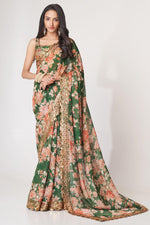 Green Organza Silk Floral Saree Blouse With Underskirt & Fall Pico For Indian & Pakistani Wedding Festival - Sequins Embroidery Work, Print Work