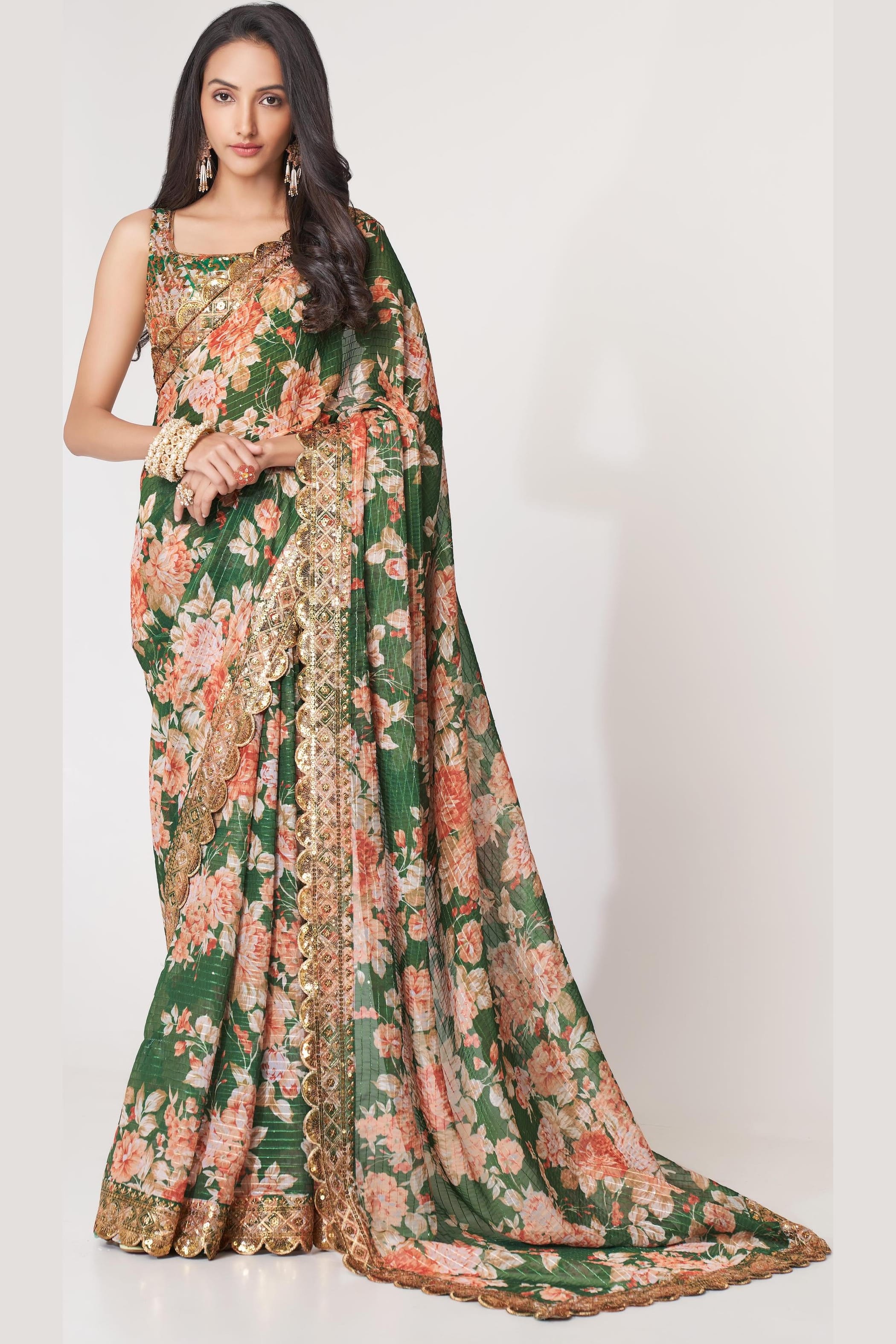 Green Organza Silk Floral Saree Blouse With Underskirt & Fall Pico For Indian & Pakistani Wedding Festival - Sequins & Thread Embroidery Work, Print Work