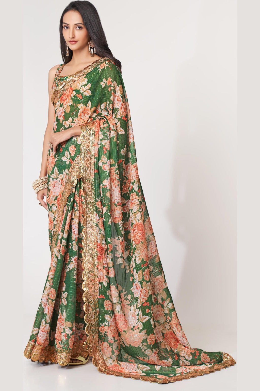 Green Organza Silk Floral Saree Blouse With Underskirt & Fall Pico For Indian & Pakistani Wedding Festival - Sequins & Thread Embroidery Work, Print Work