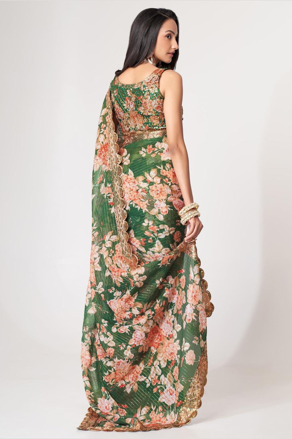 Green Organza Silk Floral Saree Blouse With Underskirt & Fall Pico For Indian & Pakistani Wedding Festival - Sequins & Thread Embroidery Work, Print Work