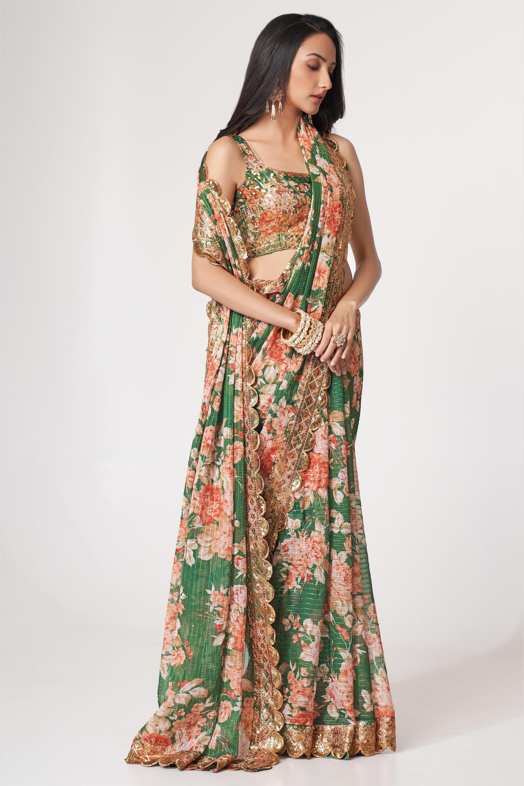 Green Organza Silk Floral Saree Blouse With Underskirt & Fall Pico For Indian & Pakistani Wedding Festival - Sequins & Thread Embroidery Work, Print Work