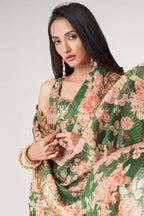 Green Organza Silk Floral Saree Blouse With Underskirt & Fall Pico For Indian & Pakistani Wedding Festival - Sequins & Thread Embroidery Work, Print Work