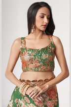 Green Organza Silk Floral Saree Blouse With Underskirt & Fall Pico For Indian & Pakistani Wedding Festival - Sequins & Thread Embroidery Work, Print Work