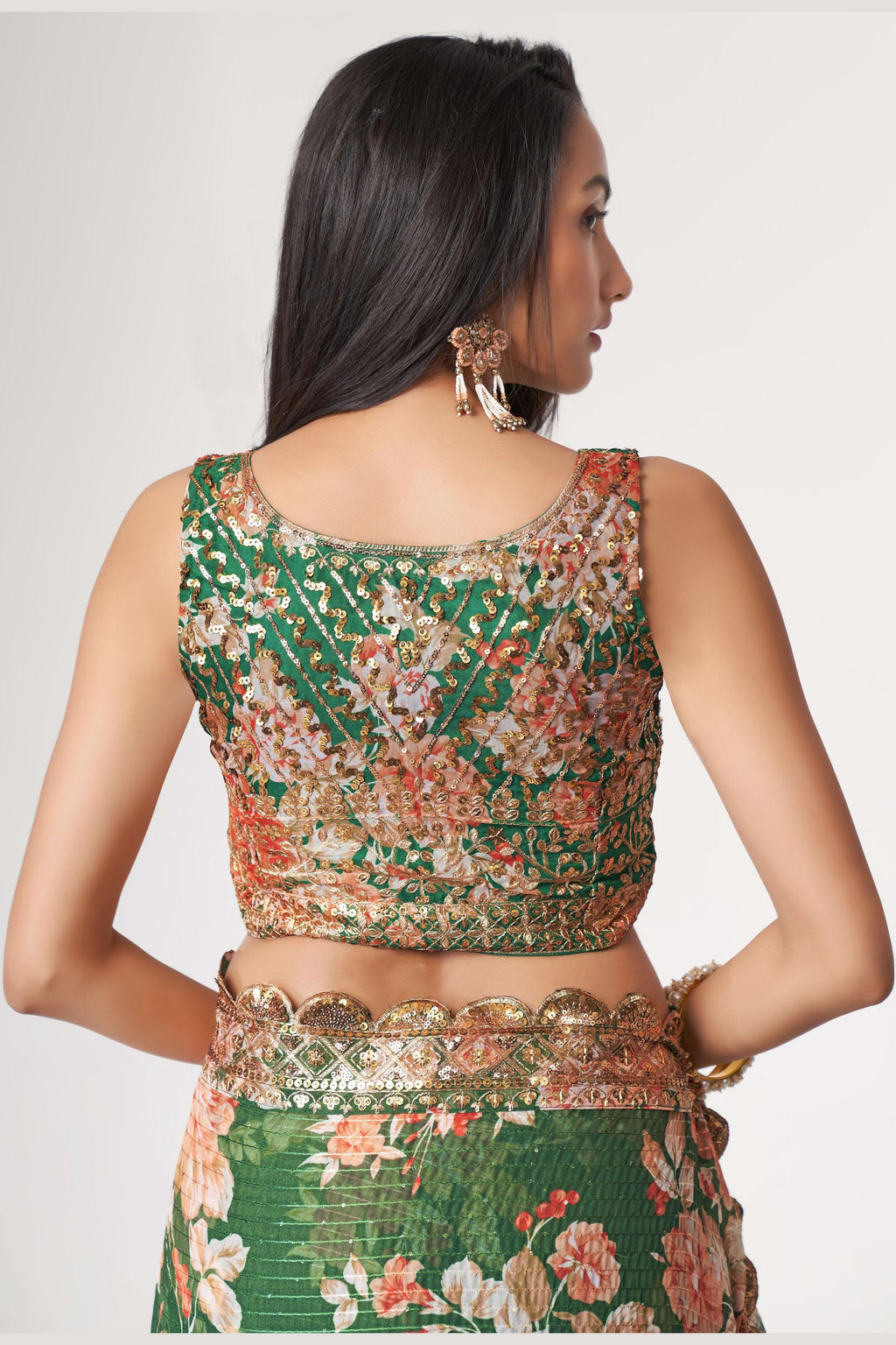 Green Organza Silk Floral Saree Blouse With Underskirt & Fall Pico For Indian & Pakistani Wedding Festival - Sequins & Thread Embroidery Work, Print Work