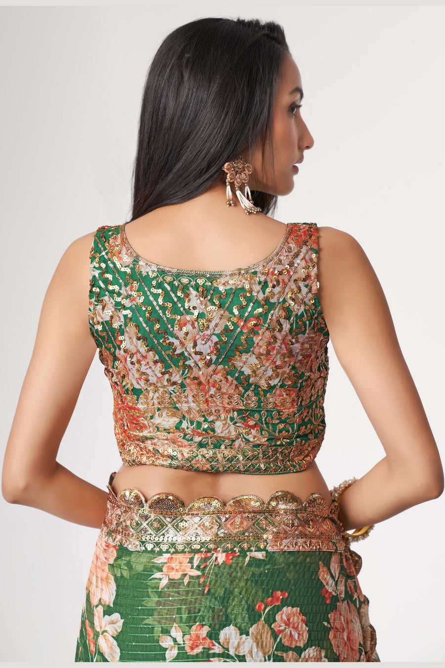 Green Organza Silk Floral Saree Blouse With Underskirt & Fall Pico For Indian & Pakistani Wedding Festival - Sequins & Thread Embroidery Work, Print Work