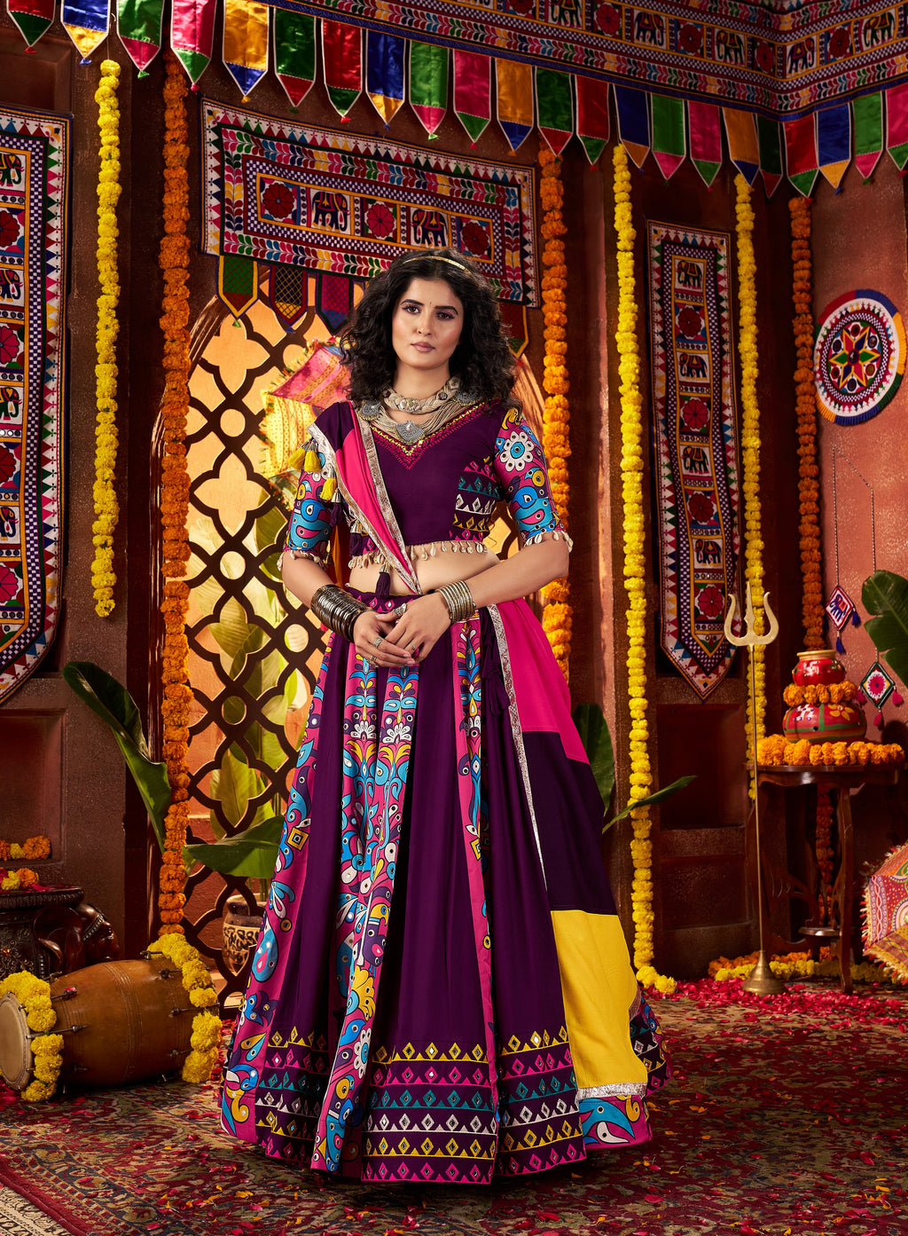 Purple Viscose Cotton Indian Navaratri Festival Garba Chaniya Choli Set 9 Meter Flair - Real Mirror Work, Print Work, Thread Embroidery Work