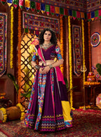 Purple Viscose Cotton Indian Navaratri Festival Garba Chaniya Choli Set 9 Meter Flair - Real Mirror Work, Print Work, Thread Embroidery Work