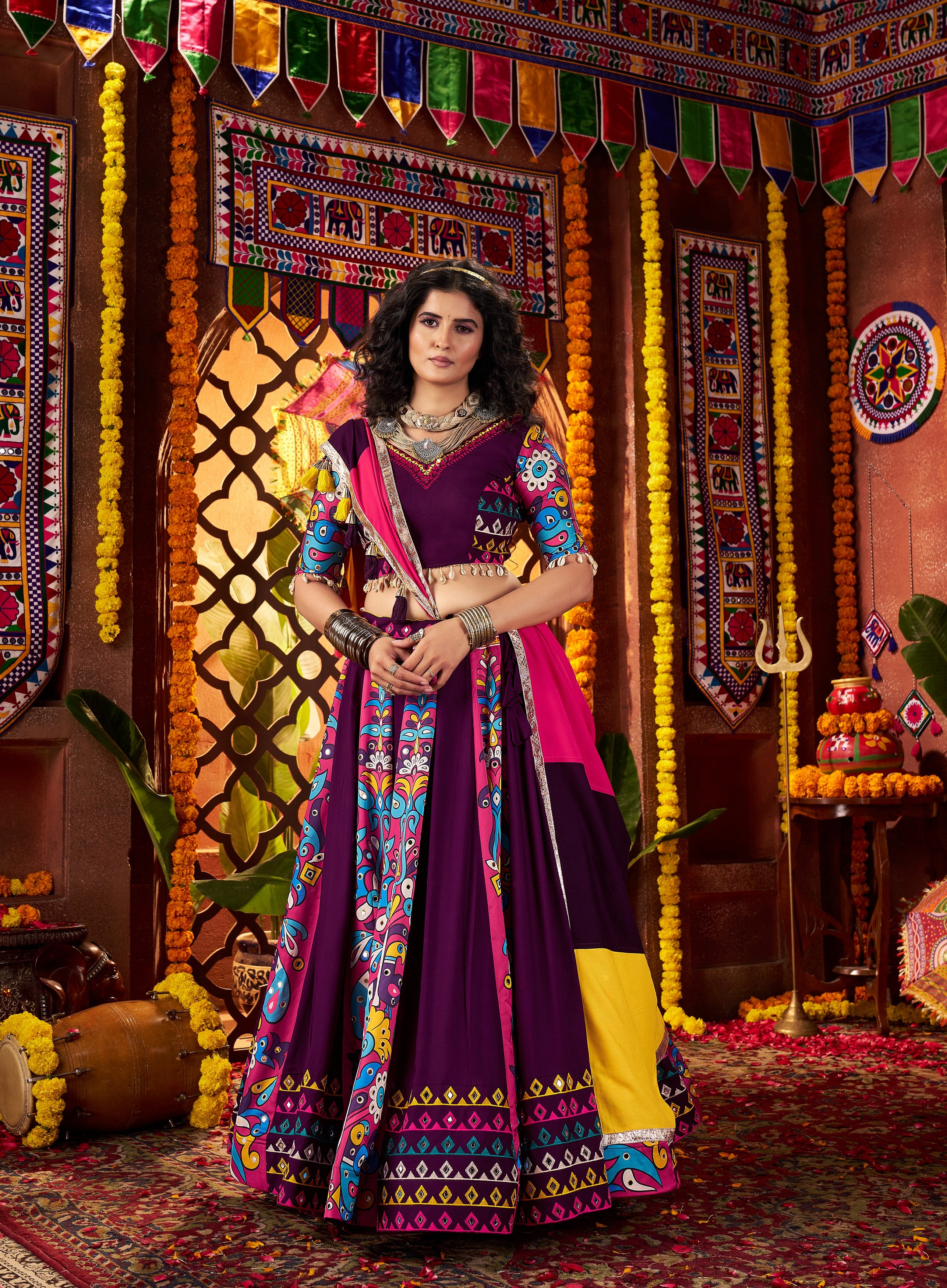 Purple Viscose Cotton Indian Navaratri Festival Garba Chaniya Choli Set 9 Meter Flair - Real Mirror Work, Print Work, Thread Embroidery Work