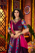 Purple Viscose Cotton Indian Navaratri Festival Garba Chaniya Choli Set 9 Meter Flair - Real Mirror Work, Print Work, Thread Embroidery Work