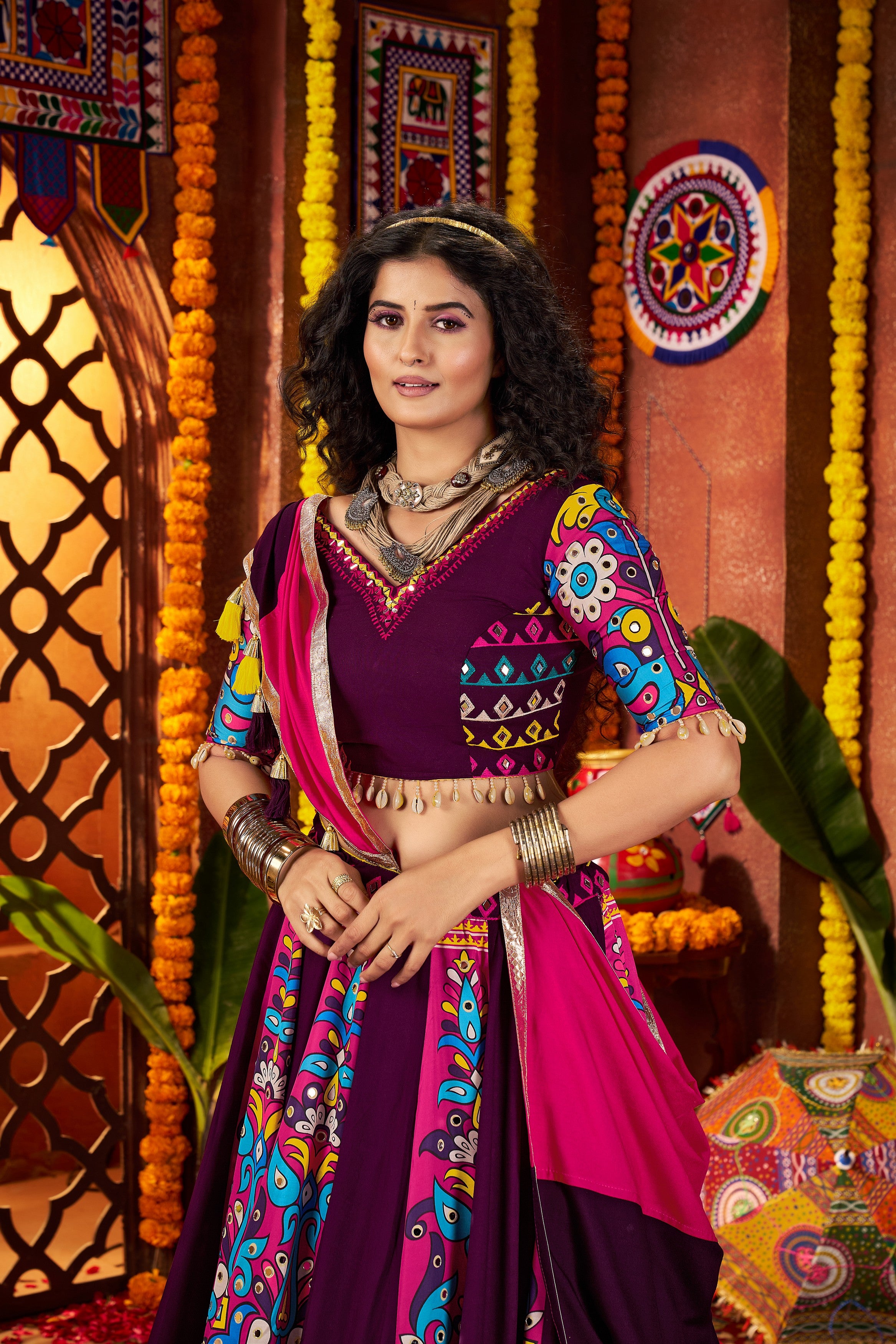 Purple Viscose Cotton Indian Navaratri Festival Garba Chaniya Choli Set 9 Meter Flair - Real Mirror Work, Print Work, Thread Embroidery Work