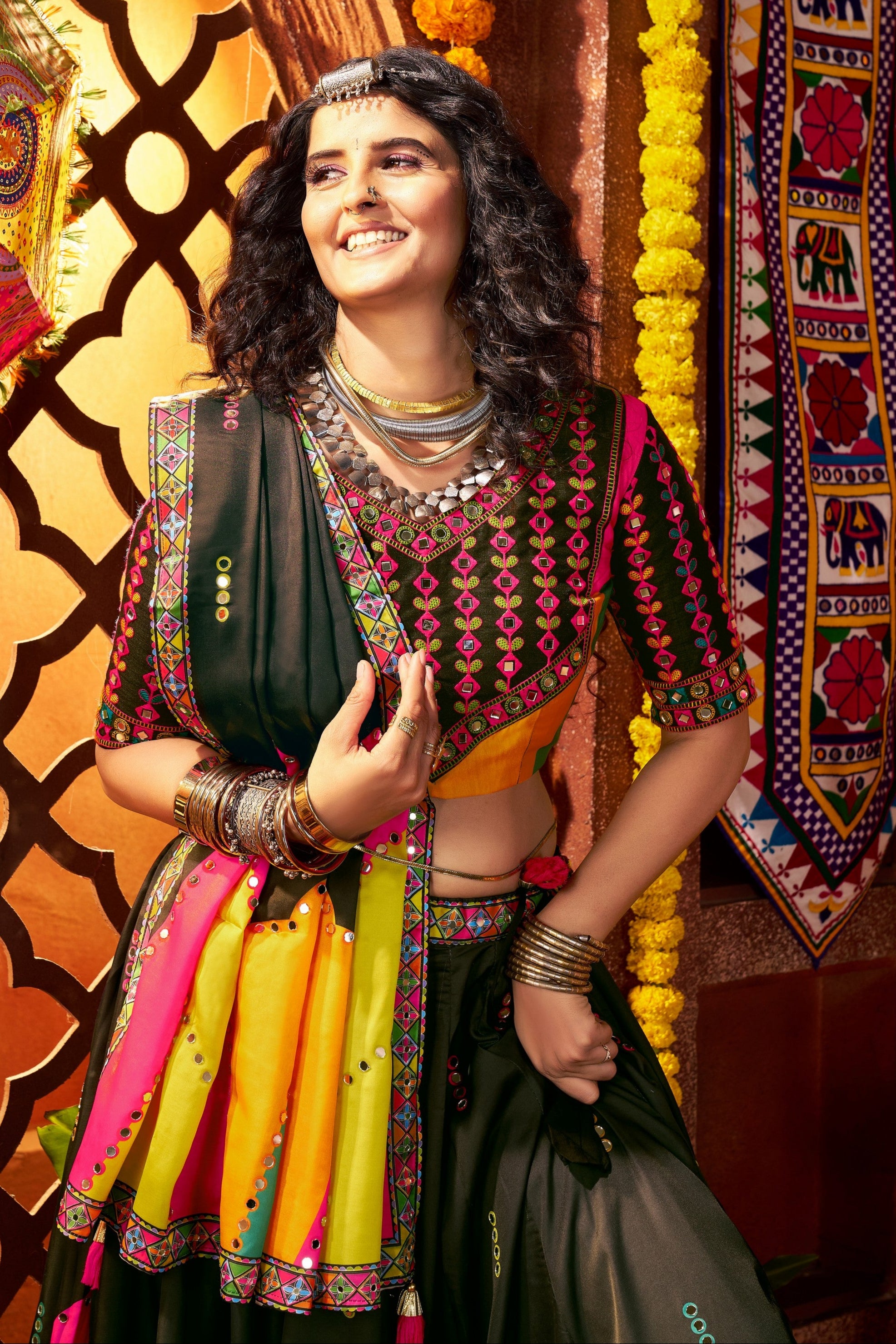 Multicolor Art Silk Indian Navaratri Festival Garba Chaniya Choli Set 9 Meter Flair - Real Mirror Work, Print Work, Thread Embroidery Work