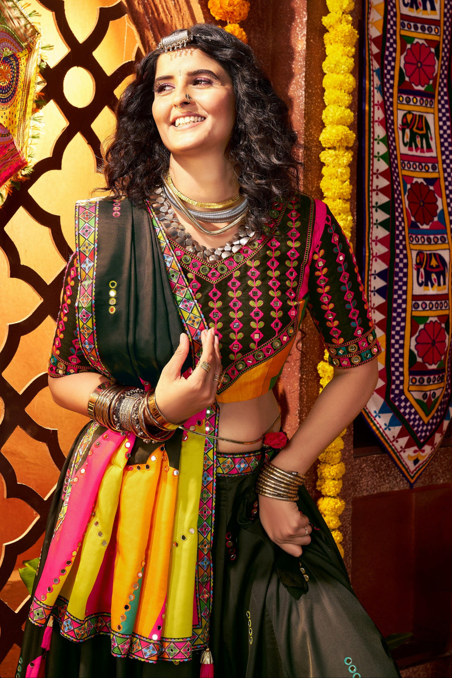 Multicolor Art Silk Indian Navaratri Festival Garba Chaniya Choli Set 9 Meter Flair - Real Mirror Work, Print Work, Thread Embroidery Work