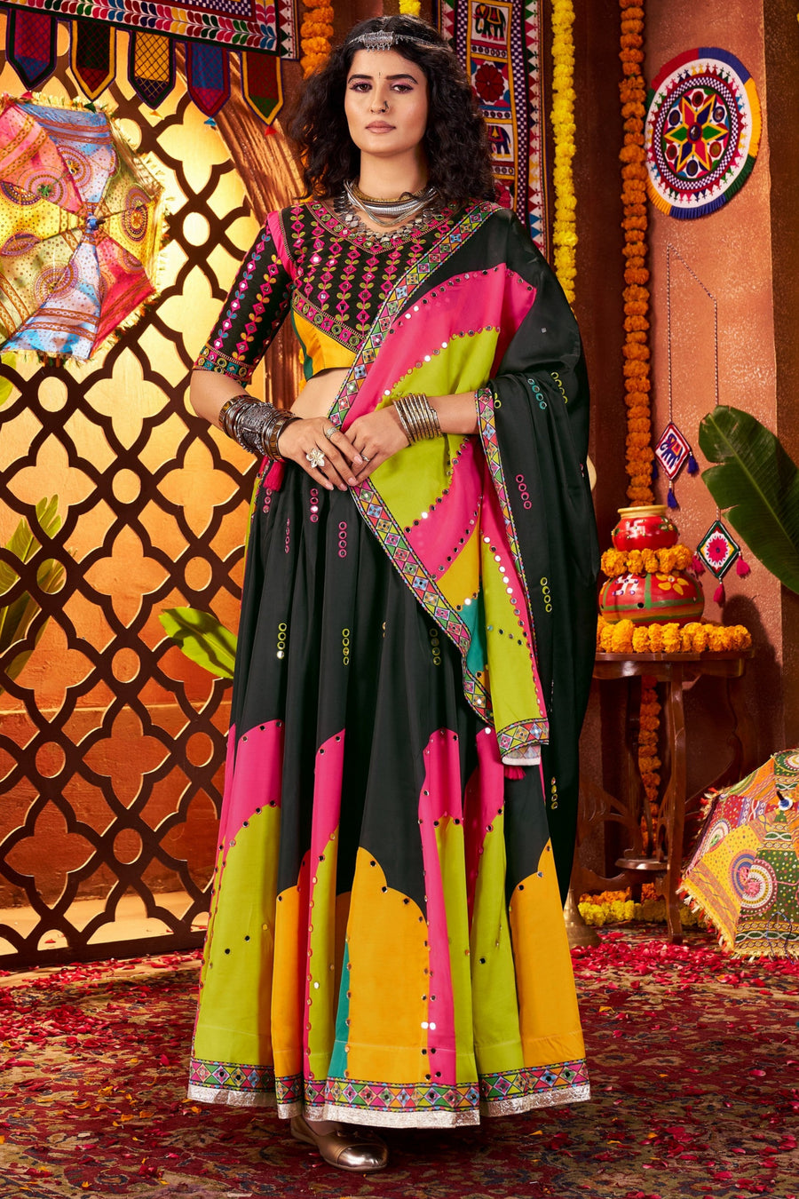 Multicolor Art Silk Indian Navaratri Festival Garba Chaniya Choli Set 9 Meter Flair - Real Mirror Work, Print Work, Thread Embroidery Work